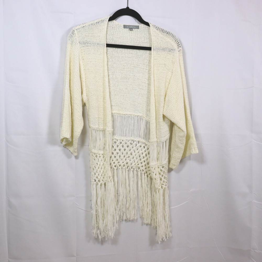 NY Collection Cardigan Sweater‎ XS Cream Women Fringe Crochet Boho Shrug